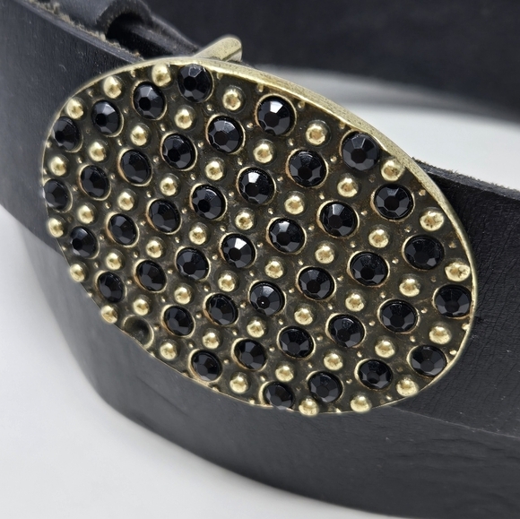 AMERICAN EAGLE BLACK LEATHER BELT EMBELLISHED BLACK RHINESTONE BUCKLE WOMEN S - Picture 5 of 14